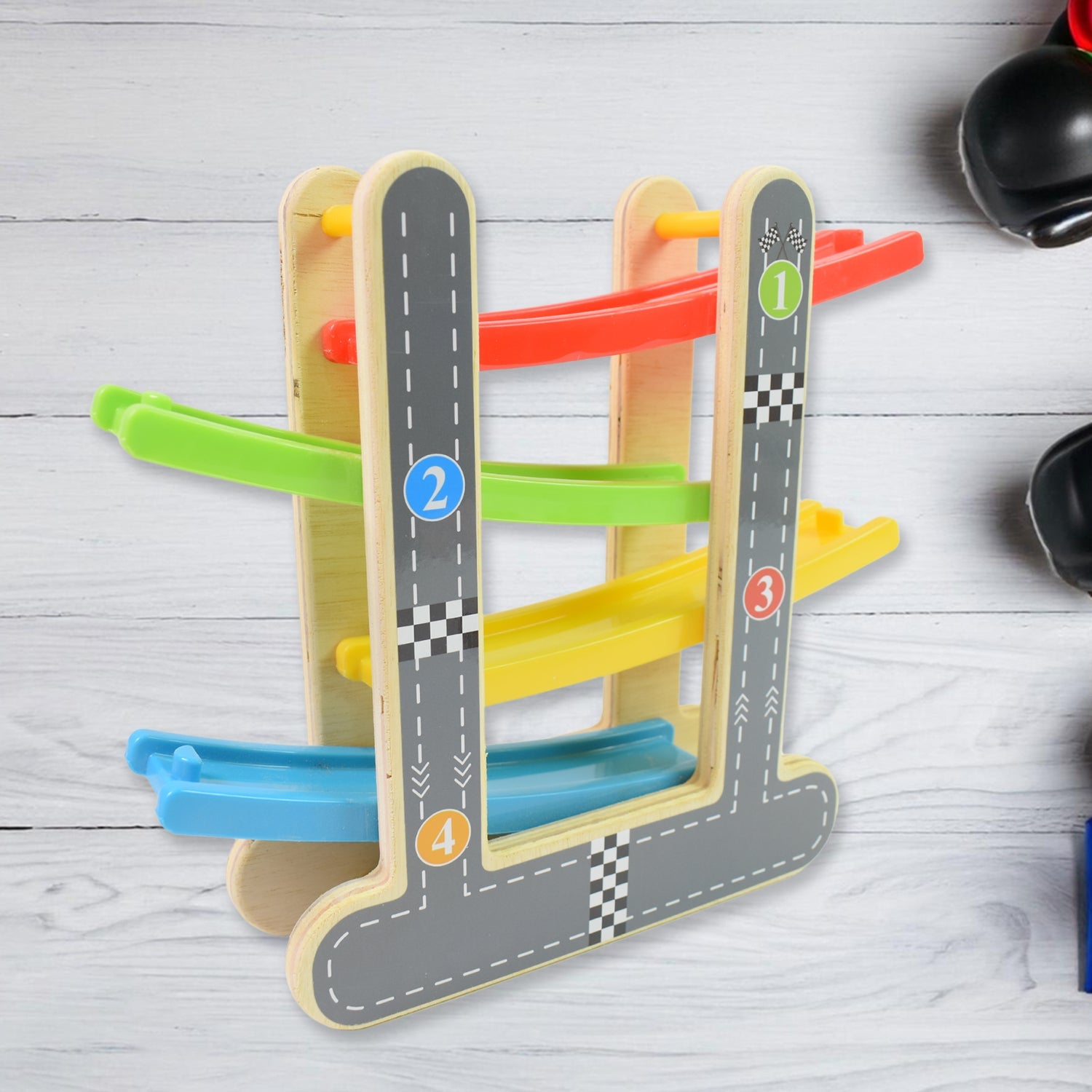 Car Racer Track Play set Wooden Click Clack Toys With 4 Mini Racers (1 Set) Car Racer Track Play set Wooden Click Clack Toys With 4 Mini Racers (1 Set)